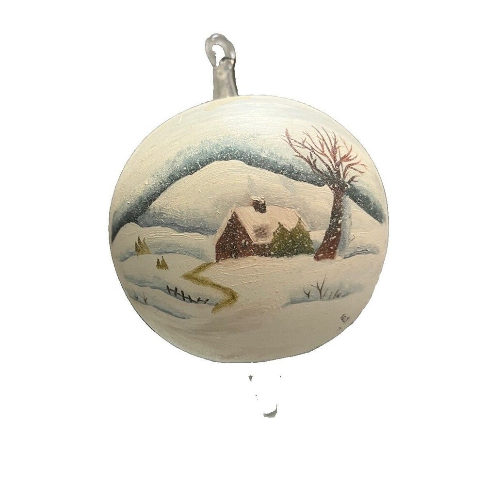 Vintage 1977 Hand Painted Snowy Cottage Glass Christmas Ornament